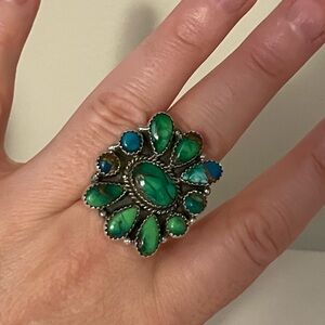 Peacock Green Dahlia Turquoise Cluster Ring – Sterling Silver